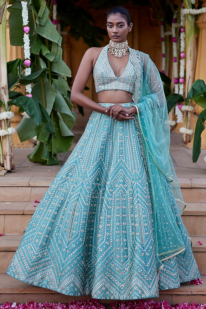 Green Dupion Silk Mirror & Zari Embroidered Wedding Lehenga Set by Chamee and Palak at Pernia's Pop Up Shop