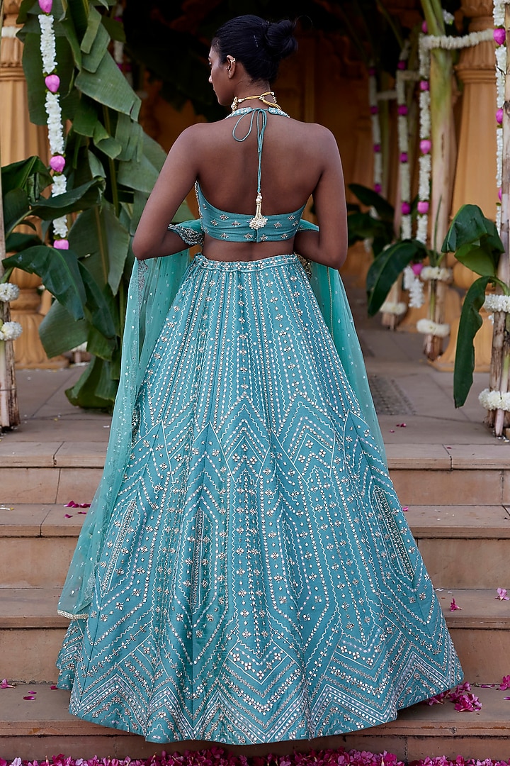 Green Dupion Silk Mirror & Zari Embroidered Wedding Lehenga Set by Chamee and Palak at Pernia's Pop Up Shop