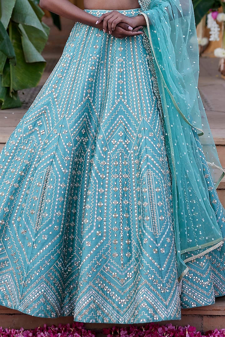 Green Dupion Silk Mirror & Zari Embroidered Wedding Lehenga Set by Chamee and Palak at Pernia's Pop Up Shop
