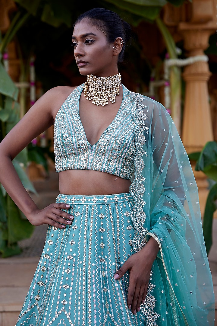 Green Dupion Silk Mirror & Zari Embroidered Wedding Lehenga Set by Chamee and Palak at Pernia's Pop Up Shop