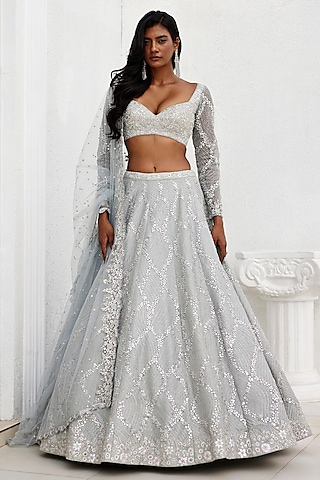 Grey Dupion Silk Mirror & Zardosi Embroidered Lehenga Set by Chamee and Palak