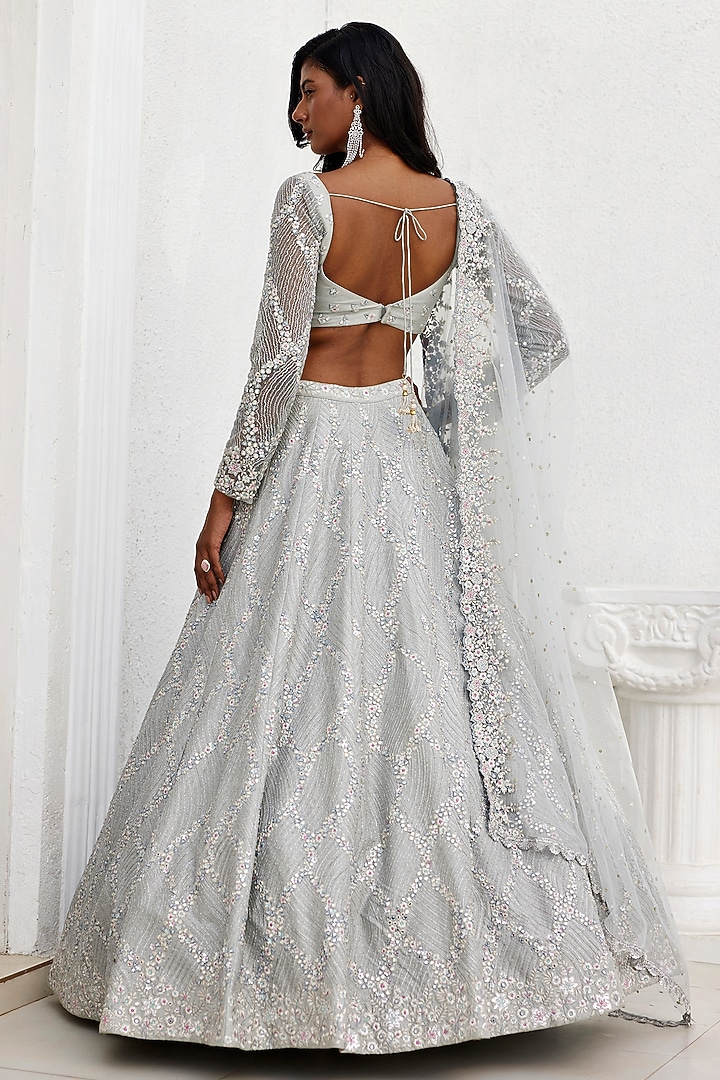 Grey Dupion Silk Mirror & Zardosi Embroidered Wedding Lehenga Set by Chamee and Palak at Pernia's Pop Up Shop