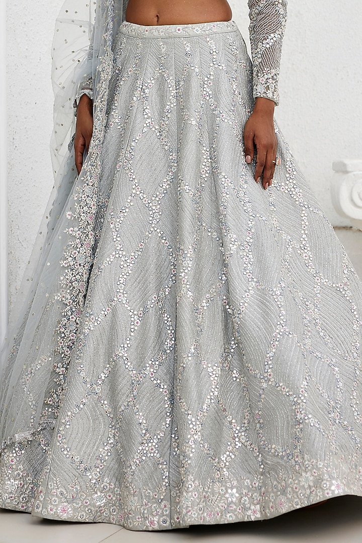 Grey Dupion Silk Mirror & Zardosi Embroidered Wedding Lehenga Set by Chamee and Palak at Pernia's Pop Up Shop