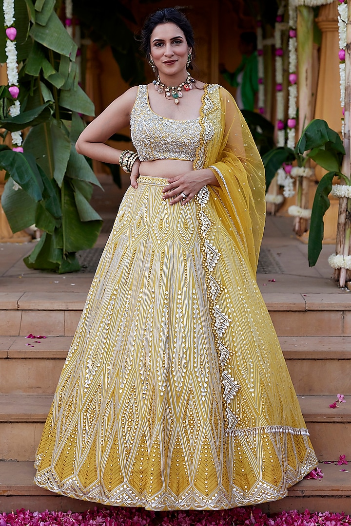 Yellow Dupion Silk Mirror & Applique Embroidered Lehenga Set by Chamee and Palak