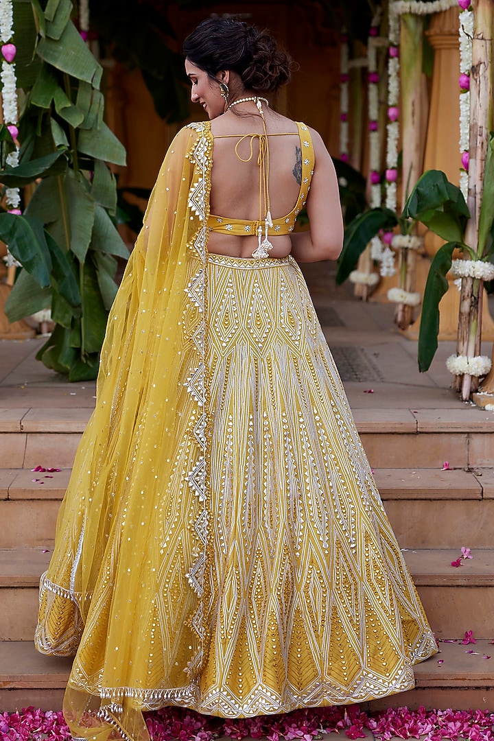 Yellow Dupion Silk Mirror & Applique Embroidered Wedding Lehenga Set by Chamee and Palak at Pernia's Pop Up Shop