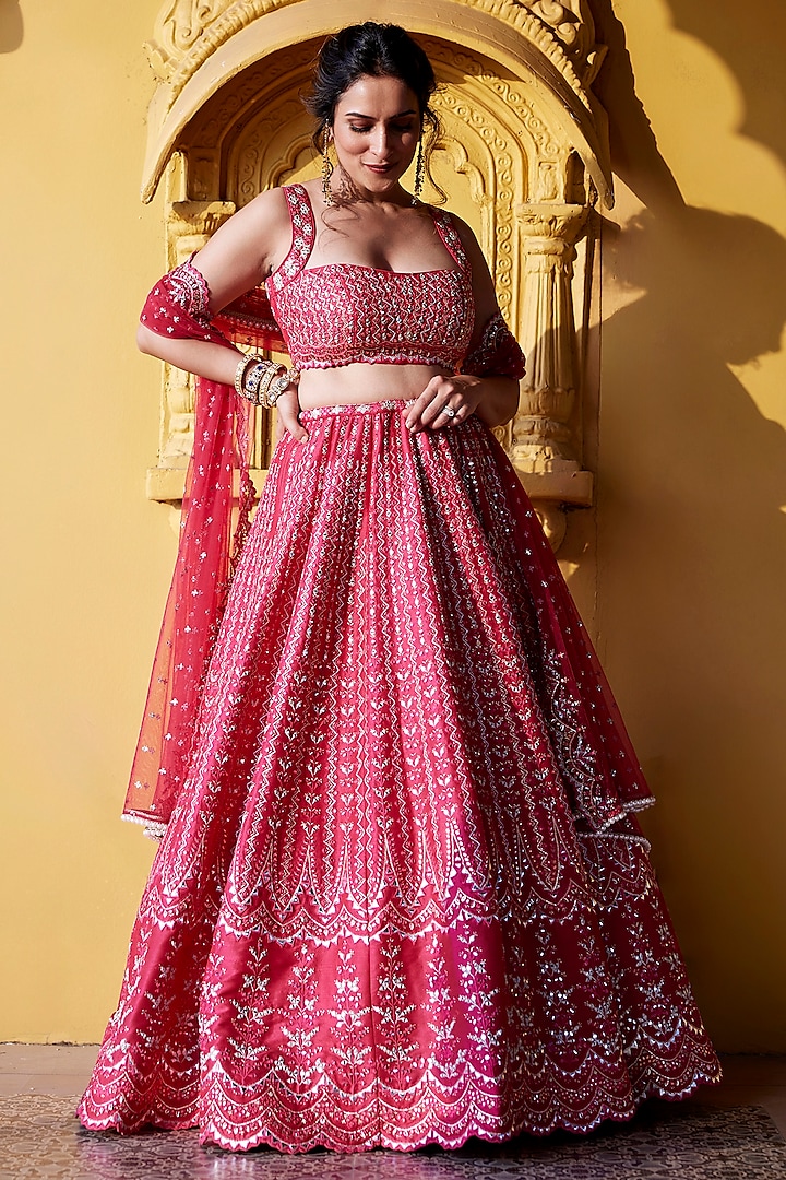 Rani Pink Dupion Silk Mirror & Resham Embroidered Lehenga Set by Chamee and Palak
