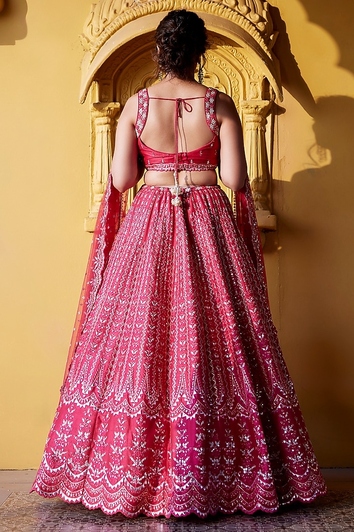 Rani Pink Dupion Silk Mirror & Resham Embroidered Wedding Lehenga Set by Chamee and Palak at Pernia's Pop Up Shop