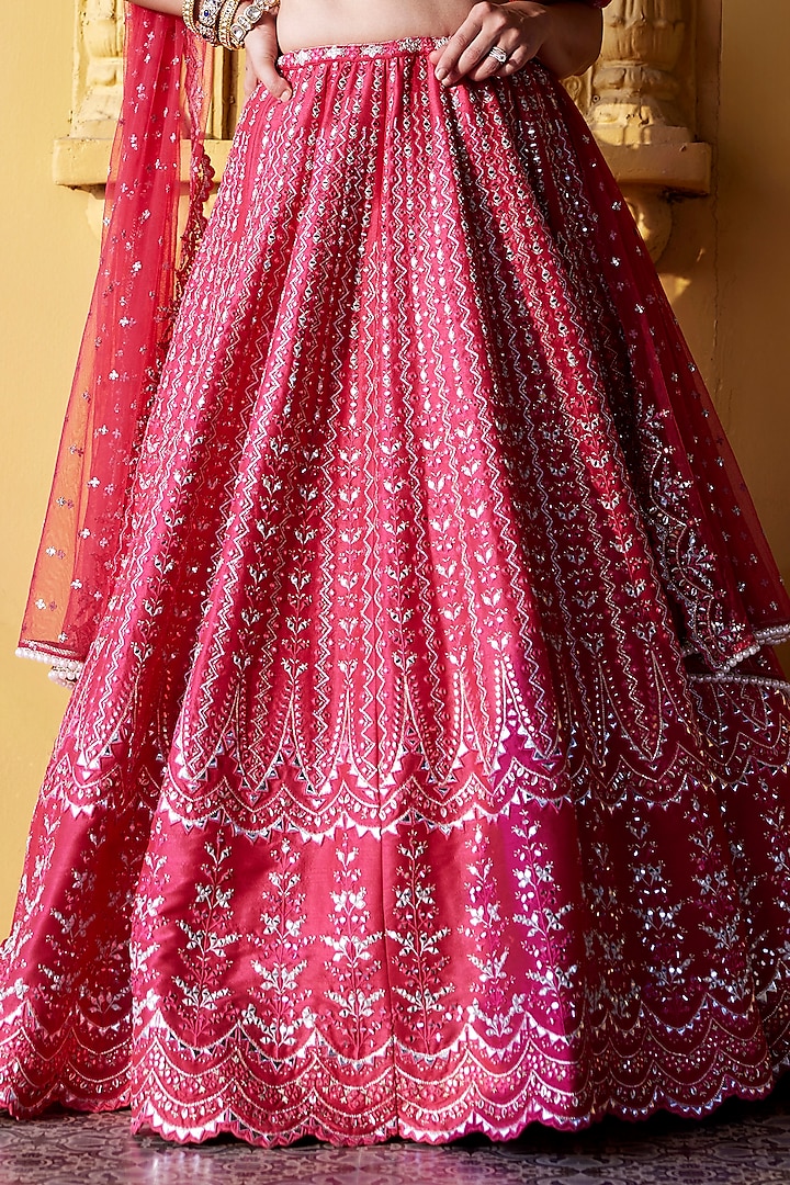 Rani Pink Dupion Silk Mirror & Resham Embroidered Wedding Lehenga Set by Chamee and Palak at Pernia's Pop Up Shop