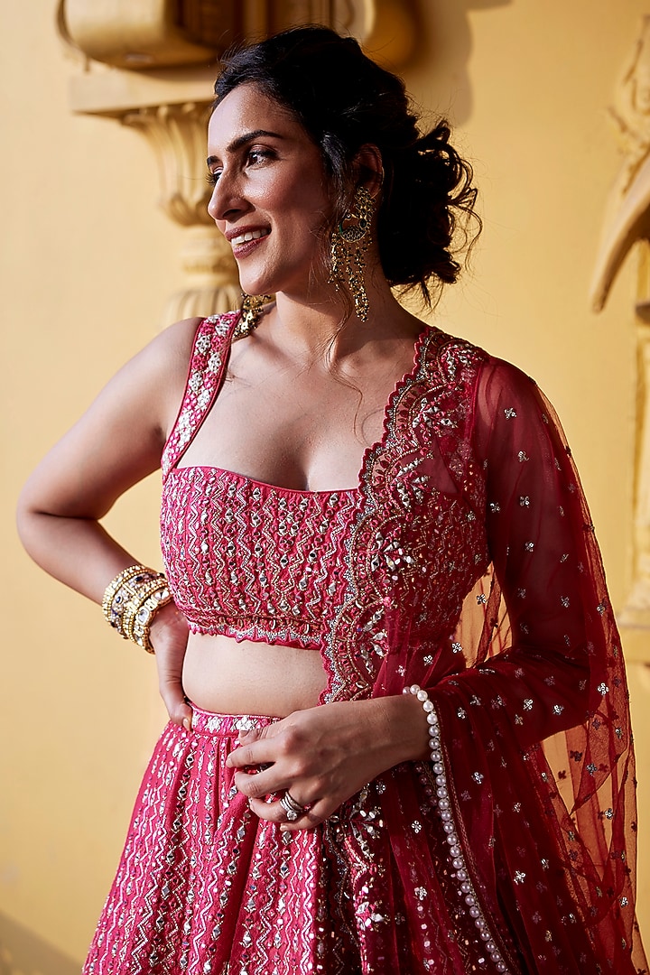 Rani Pink Dupion Silk Mirror & Resham Embroidered Wedding Lehenga Set by Chamee and Palak at Pernia's Pop Up Shop
