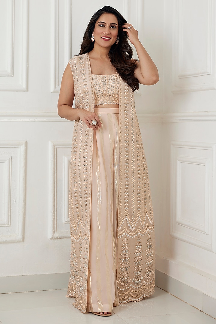 Peach Organza Embroidered Jacket Set by Chamee and Palak