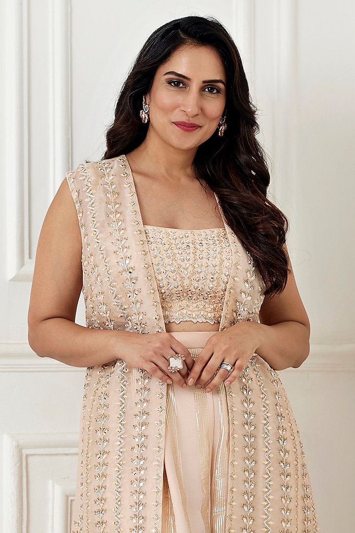 Peach Organza Embroidered Jacket Set by Chamee and Palak at Pernia's Pop Up Shop