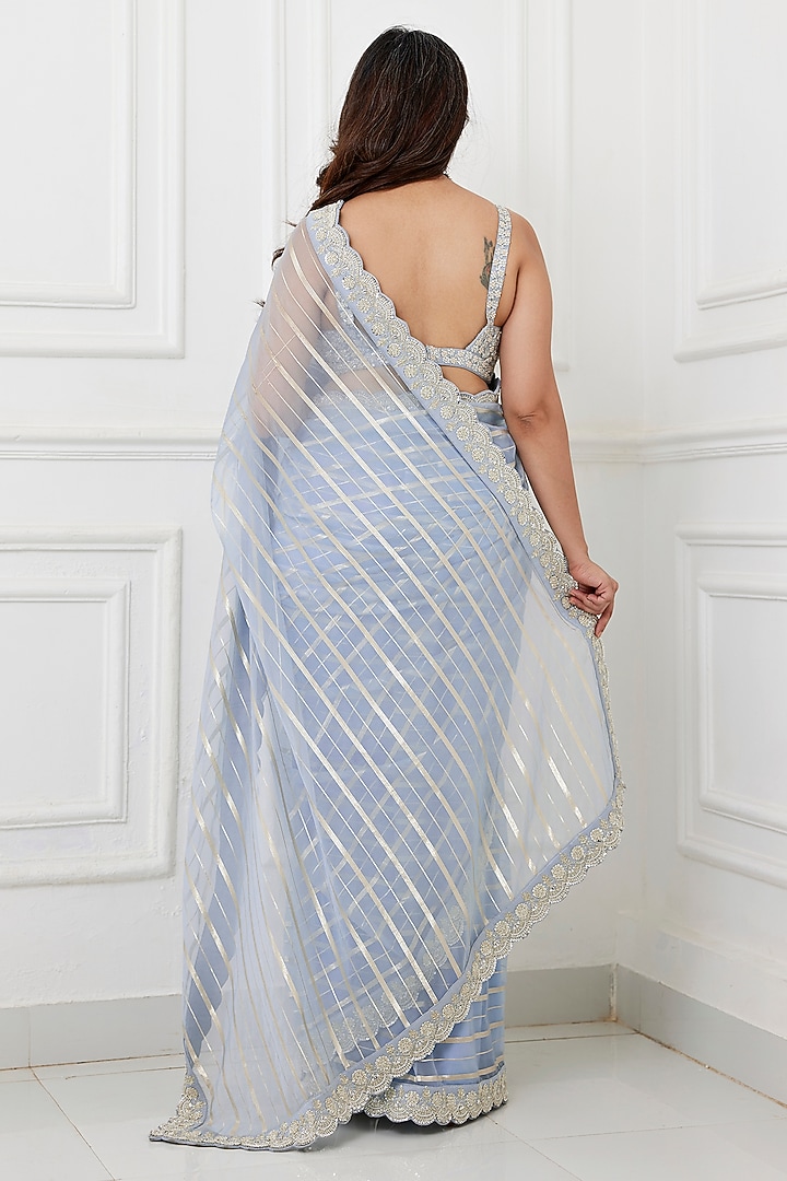 Dusty Blue Organza Zari Work Wedding Saree Set by Chamee and Palak at Pernia's Pop Up Shop