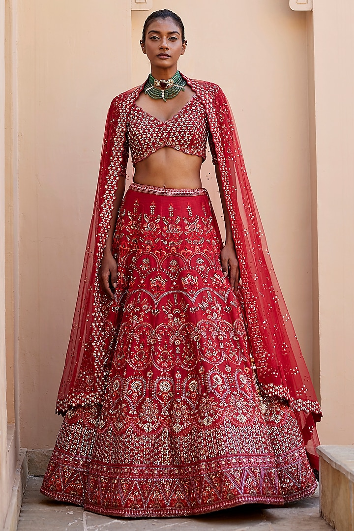 Red Raw Silk Floral & Sequins Embroidered Lehenga Set by Chamee and Palak