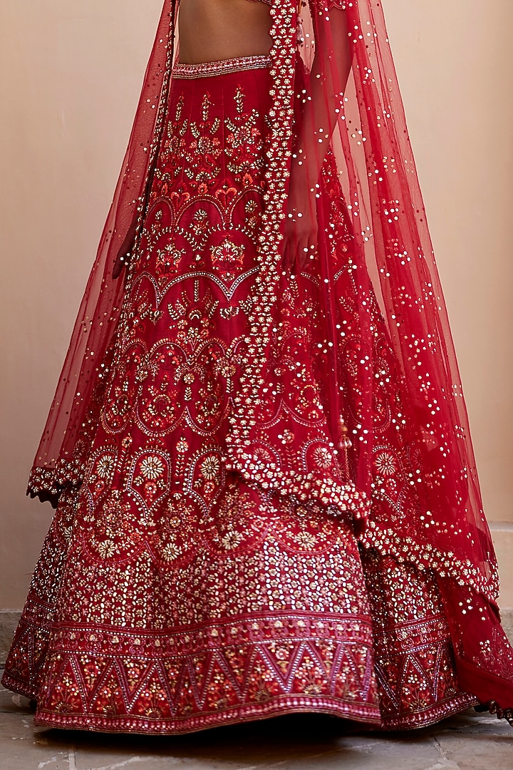 Red Raw Silk Floral & Sequins Embroidered Bridal Lehenga Set by Chamee and Palak at Pernia's Pop Up Shop