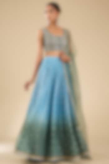 Blue & Green Ombre Jamawar Sequins Embroidered Wedding Lehenga Set by Chamee and Palak at Pernia's Pop Up Shop
