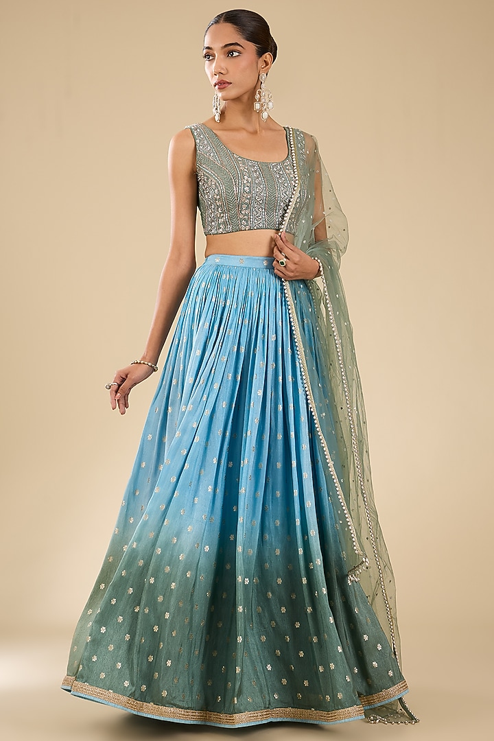 Blue & Green Ombre Jamawar Sequins Embroidered Wedding Lehenga Set by Chamee and Palak at Pernia's Pop Up Shop