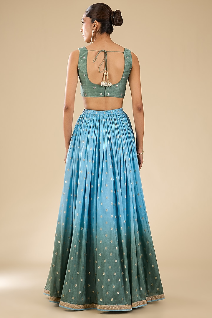 Blue & Green Ombre Jamawar Sequins Embroidered Wedding Lehenga Set by Chamee and Palak at Pernia's Pop Up Shop