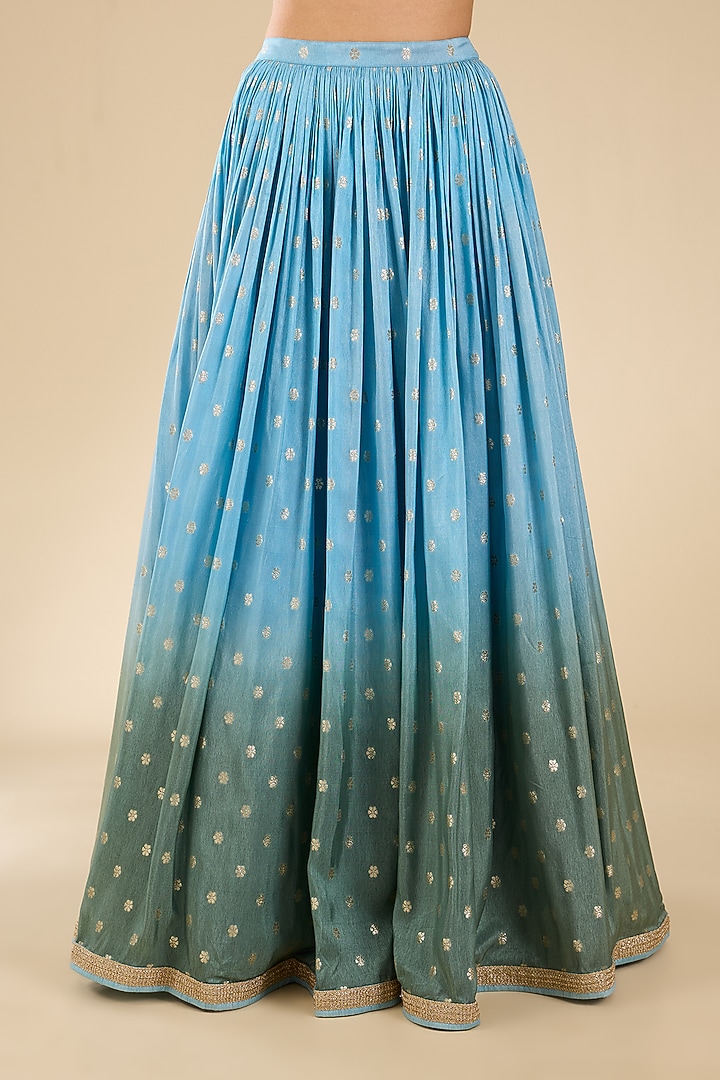 Blue & Green Ombre Jamawar Sequins Embroidered Wedding Lehenga Set by Chamee and Palak at Pernia's Pop Up Shop