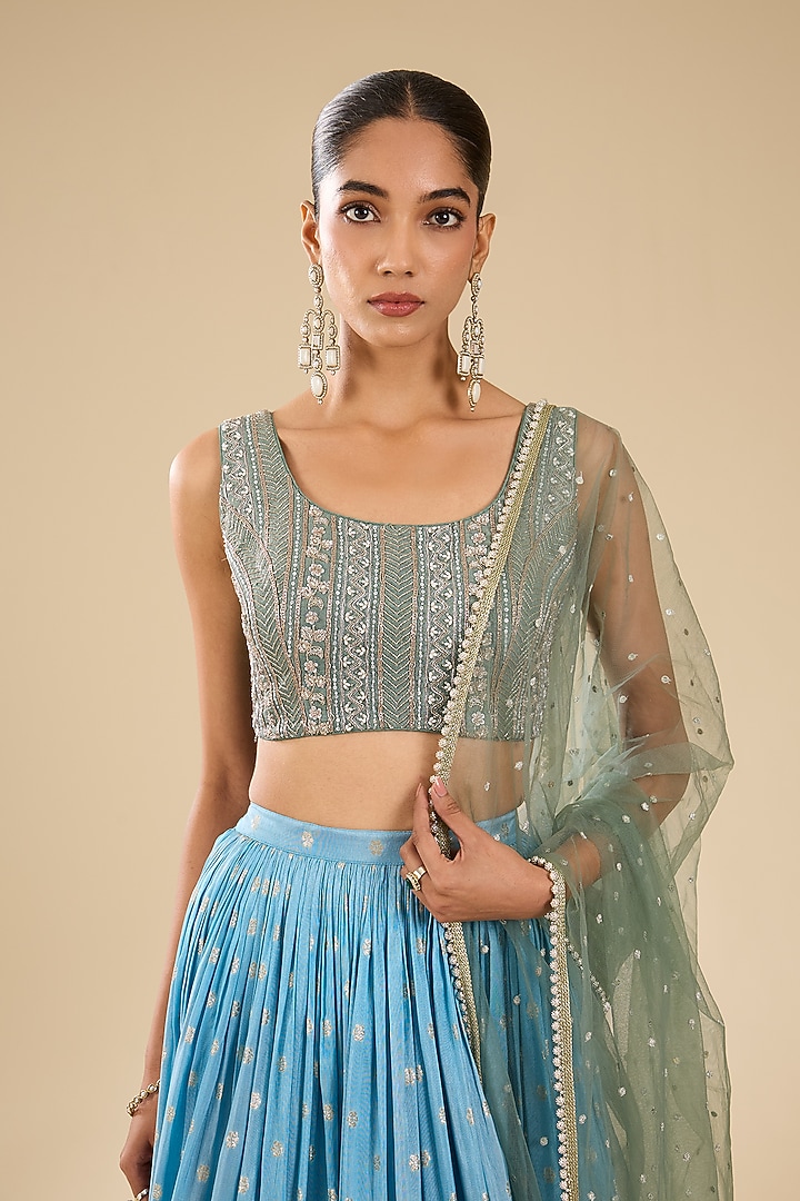 Blue & Green Ombre Jamawar Sequins Embroidered Wedding Lehenga Set by Chamee and Palak at Pernia's Pop Up Shop