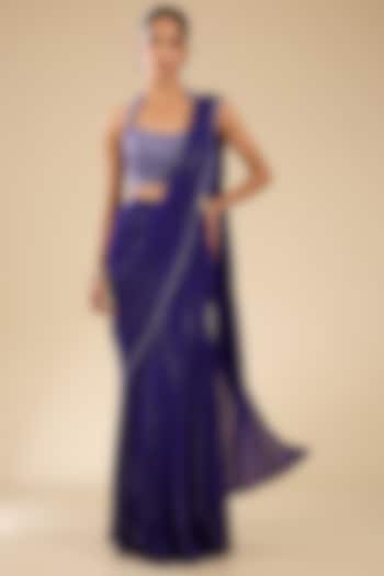 Purple Georgette Glass Beads Embroidered Pre-Stitched Wedding Saree Set by Chamee and Palak at Pernia's Pop Up Shop