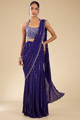 Purple Georgette Glass Beads Embroidered Pre-Stitched Saree Set by Chamee and Palak