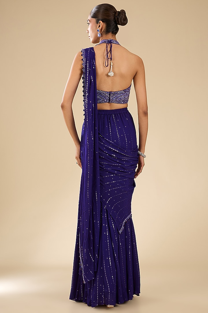 Purple Georgette Glass Beads Embroidered Pre-Stitched Wedding Saree Set by Chamee and Palak at Pernia's Pop Up Shop
