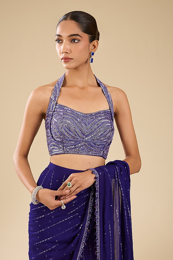 Purple Georgette Glass Beads Embroidered Pre-Stitched Wedding Saree Set by Chamee and Palak at Pernia's Pop Up Shop