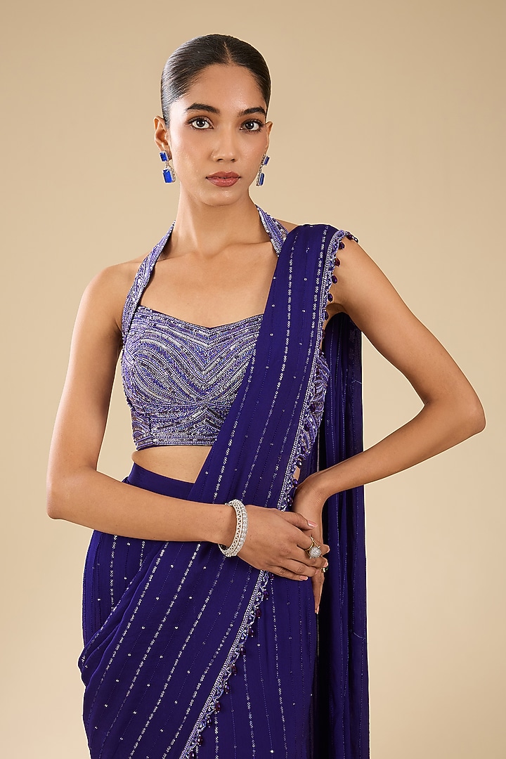 Purple Georgette Glass Beads Embroidered Pre-Stitched Wedding Saree Set by Chamee and Palak at Pernia's Pop Up Shop