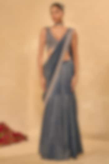 Blue Tissue Jamawar Gusset Pre-Draped Wedding Saree Set by Chamee and Palak at Pernia's Pop Up Shop