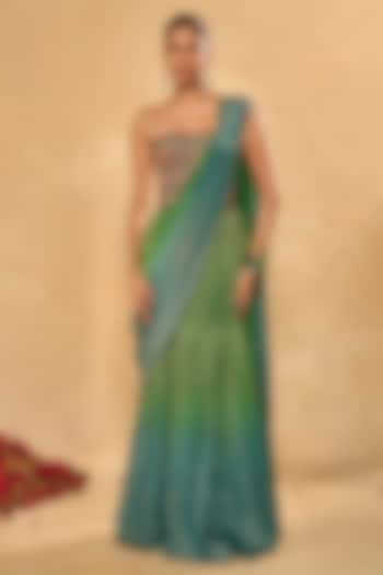 Green and Blue Ombre Tissue Jamawar Pre-Draped Wedding Saree Ser by Chamee and Palak at Pernia's Pop Up Shop