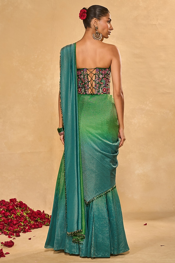 Green and Blue Ombre Tissue Jamawar Pre-Draped Wedding Saree Ser by Chamee and Palak at Pernia's Pop Up Shop