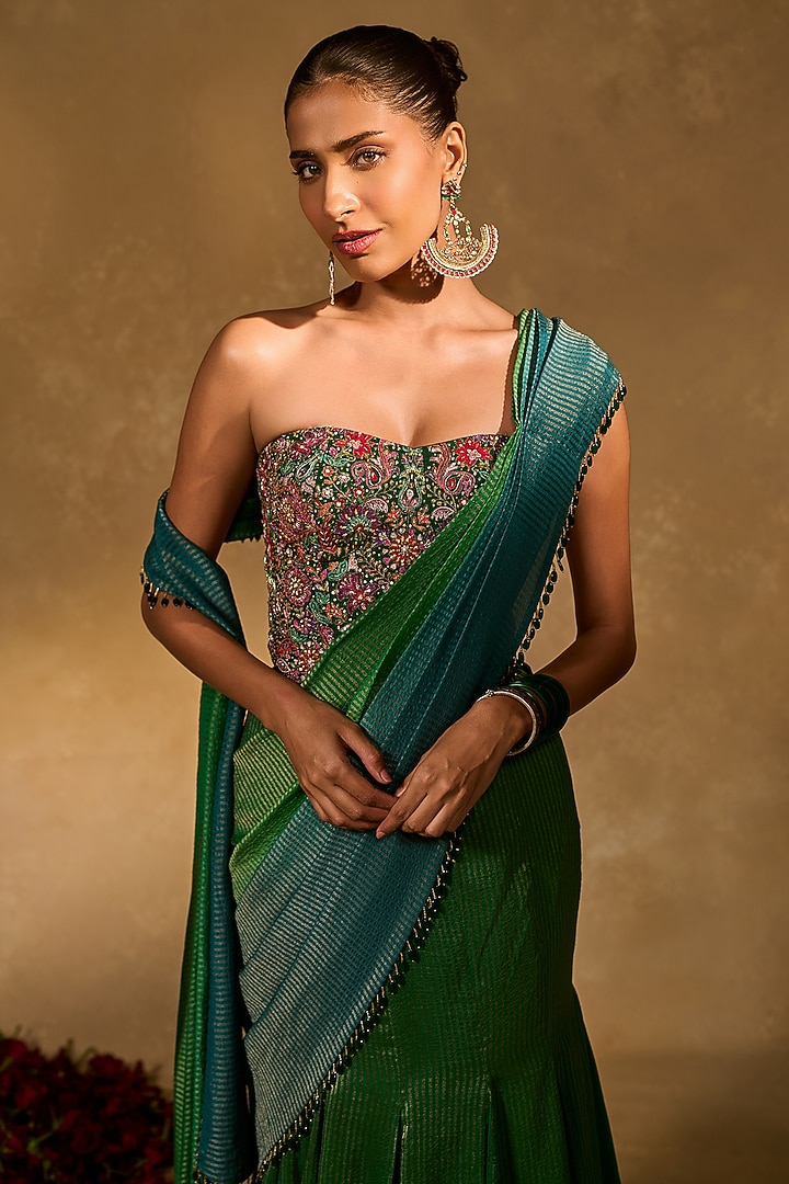 Green and Blue Ombre Tissue Jamawar Pre-Draped Wedding Saree Ser by Chamee and Palak at Pernia's Pop Up Shop