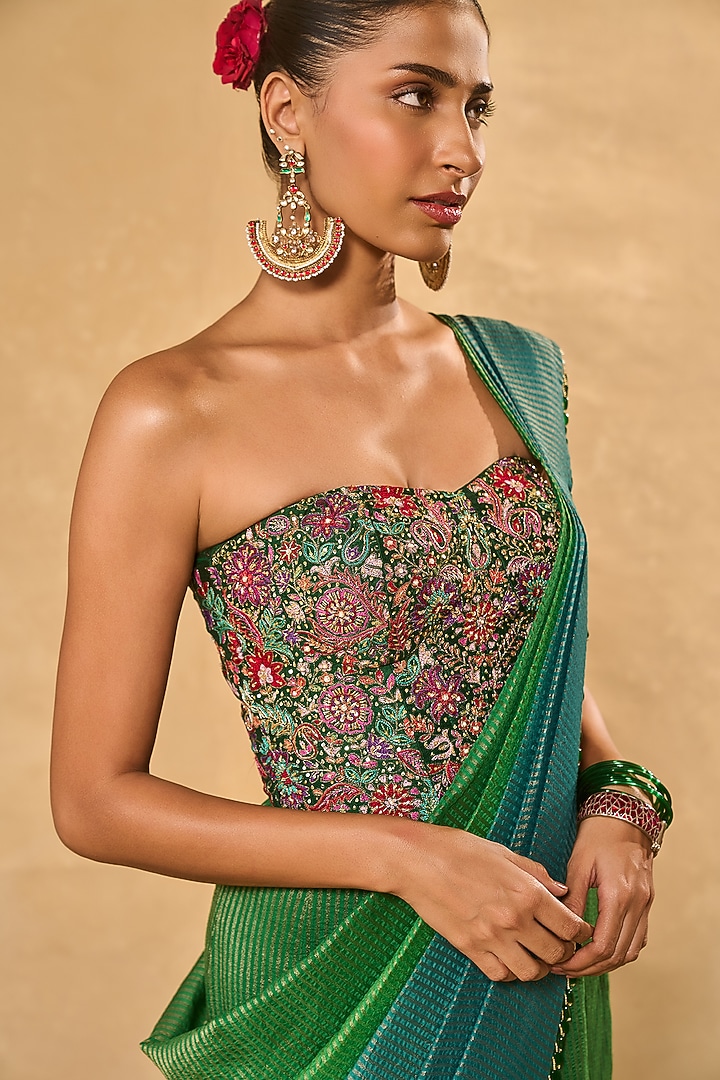Green and Blue Ombre Tissue Jamawar Pre-Draped Wedding Saree Ser by Chamee and Palak at Pernia's Pop Up Shop