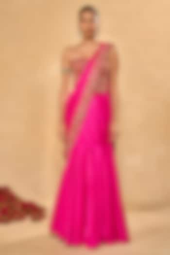 Hot Pink Raw Silk Pre-Draped Wedding Saree Set by Chamee and Palak at Pernia's Pop Up Shop