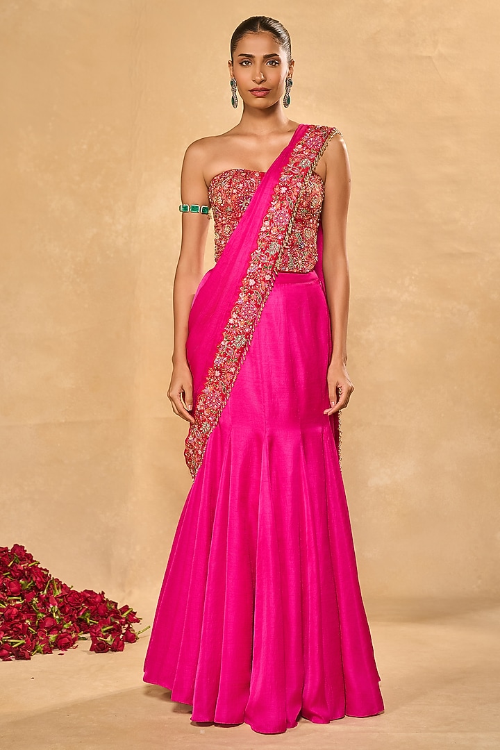 Hot Pink Raw Silk Pre-Draped Wedding Saree Set by Chamee and Palak at Pernia's Pop Up Shop