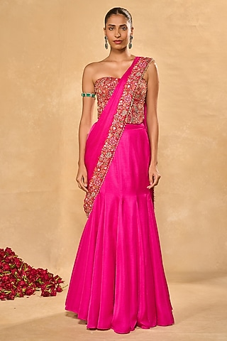 Hot Pink Raw Silk Pre-Draped Saree Set by Chamee and Palak