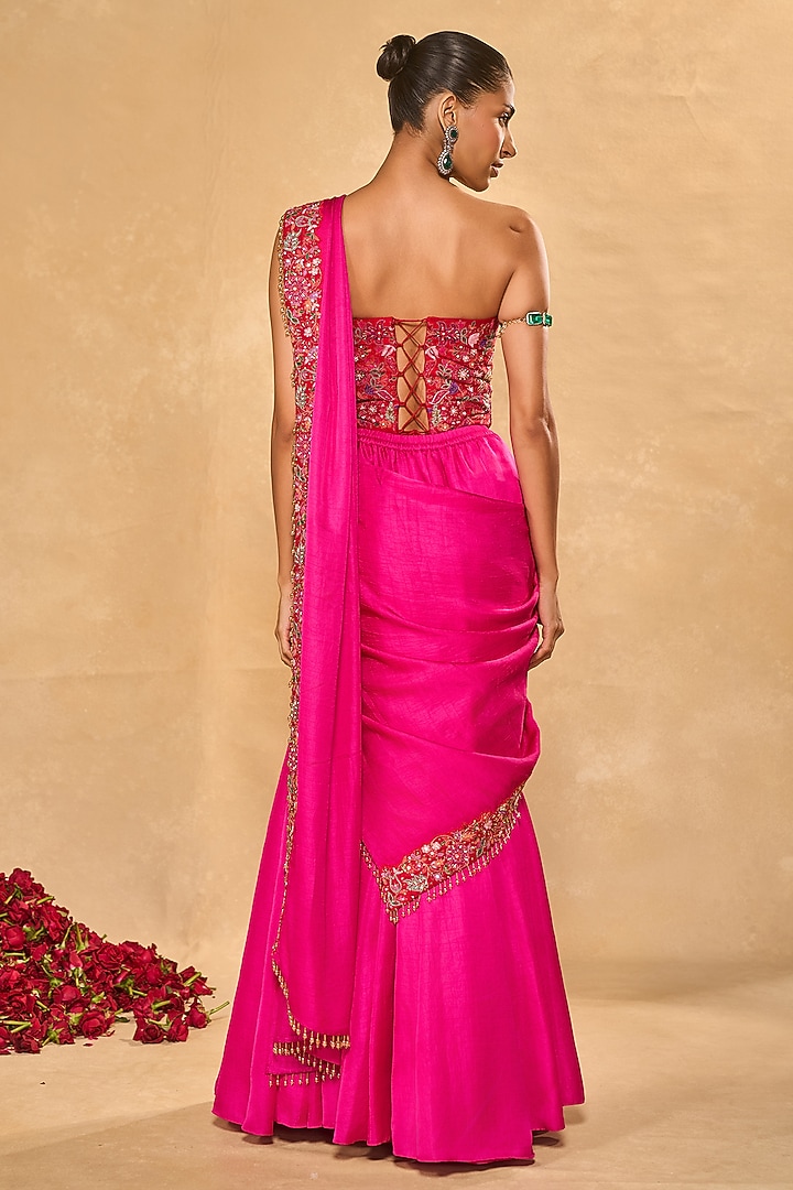 Hot Pink Raw Silk Pre-Draped Wedding Saree Set by Chamee and Palak at Pernia's Pop Up Shop