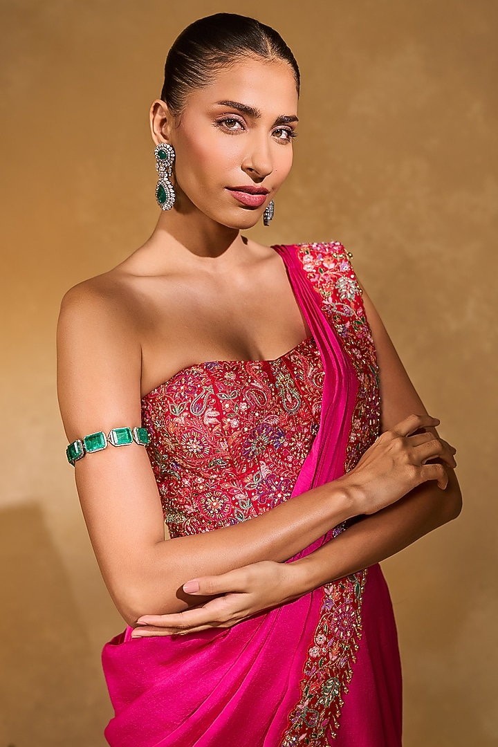 Hot Pink Raw Silk Pre-Draped Wedding Saree Set by Chamee and Palak at Pernia's Pop Up Shop