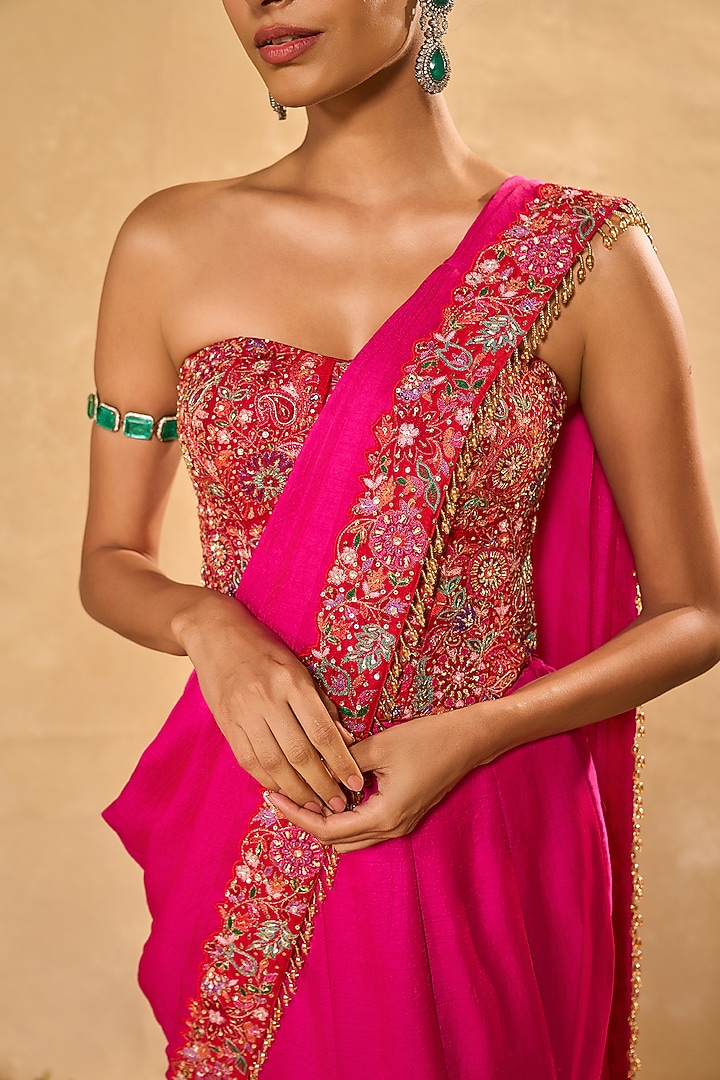 Hot Pink Raw Silk Pre-Draped Wedding Saree Set by Chamee and Palak at Pernia's Pop Up Shop