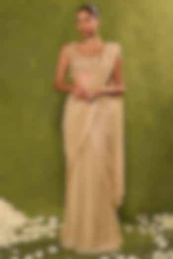 Beige Organza Glass Beads Embellished Pre-Draped Wedding Saree Set by Chamee and Palak at Pernia's Pop Up Shop