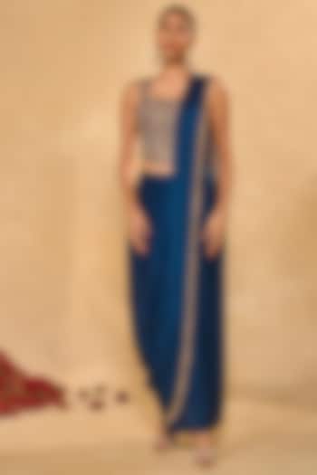 Blue Satin Chiffon Dhoti Wedding Saree Set by Chamee and Palak at Pernia's Pop Up Shop