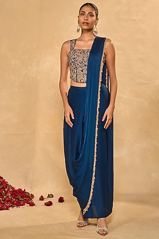 Blue Satin Chiffon Dhoti Saree Set by Chamee and Palak
