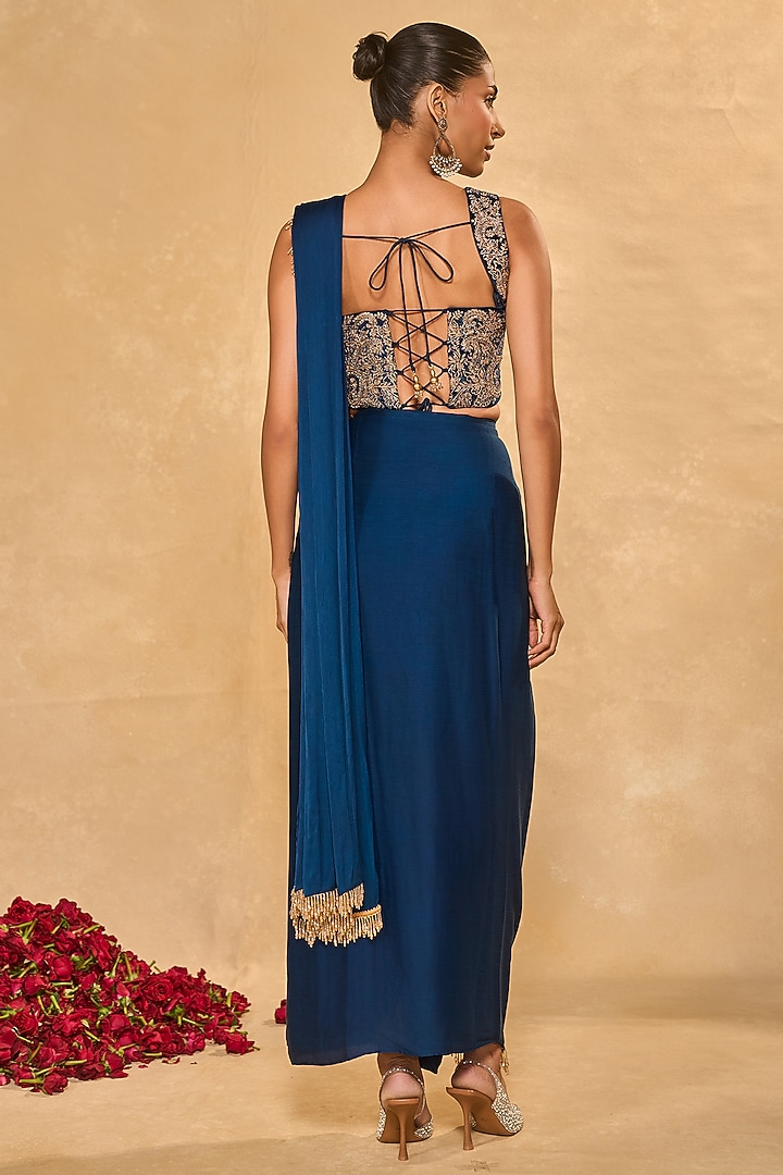 Blue Satin Chiffon Dhoti Wedding Saree Set by Chamee and Palak at Pernia's Pop Up Shop