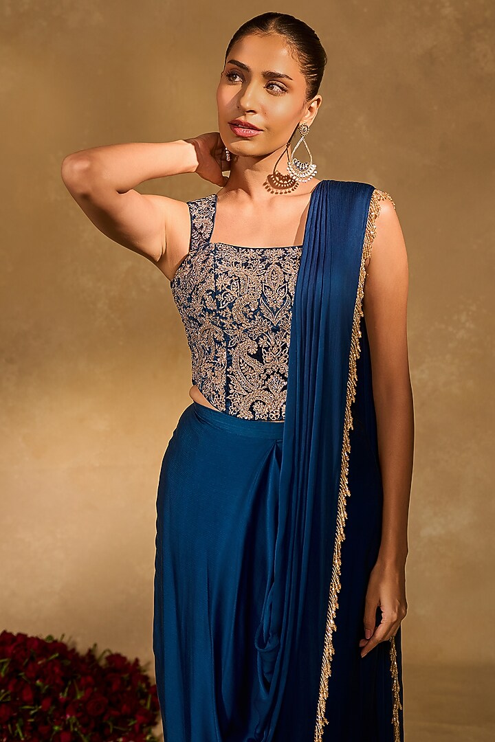 Blue Satin Chiffon Dhoti Wedding Saree Set by Chamee and Palak at Pernia's Pop Up Shop