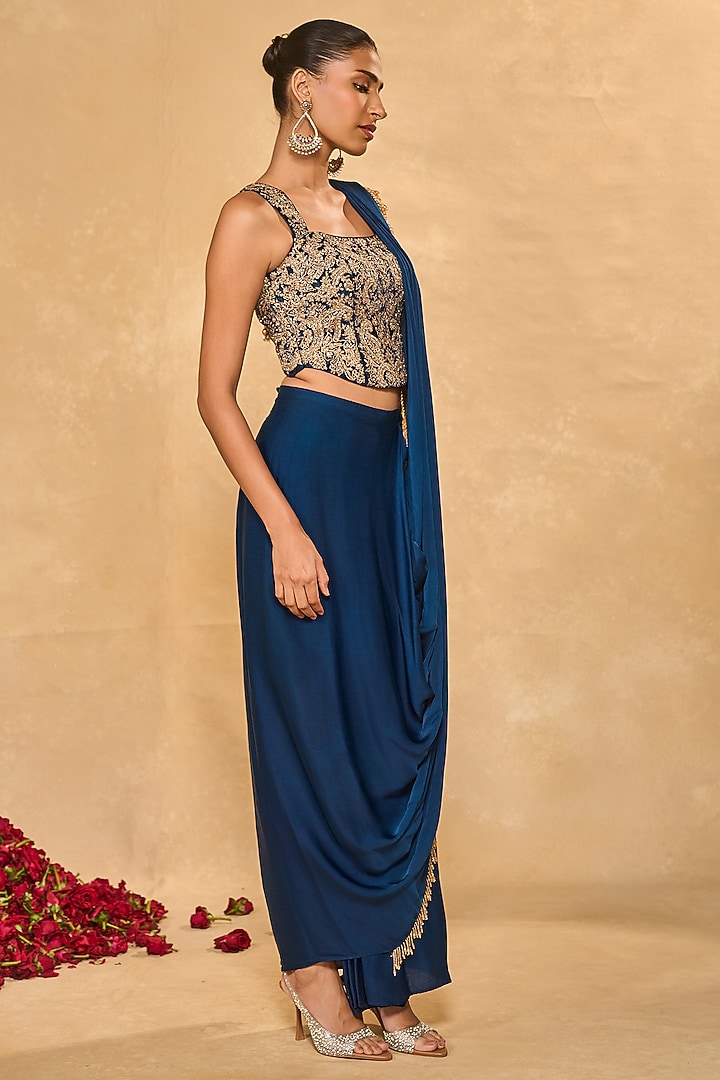 Blue Satin Chiffon Dhoti Wedding Saree Set by Chamee and Palak at Pernia's Pop Up Shop