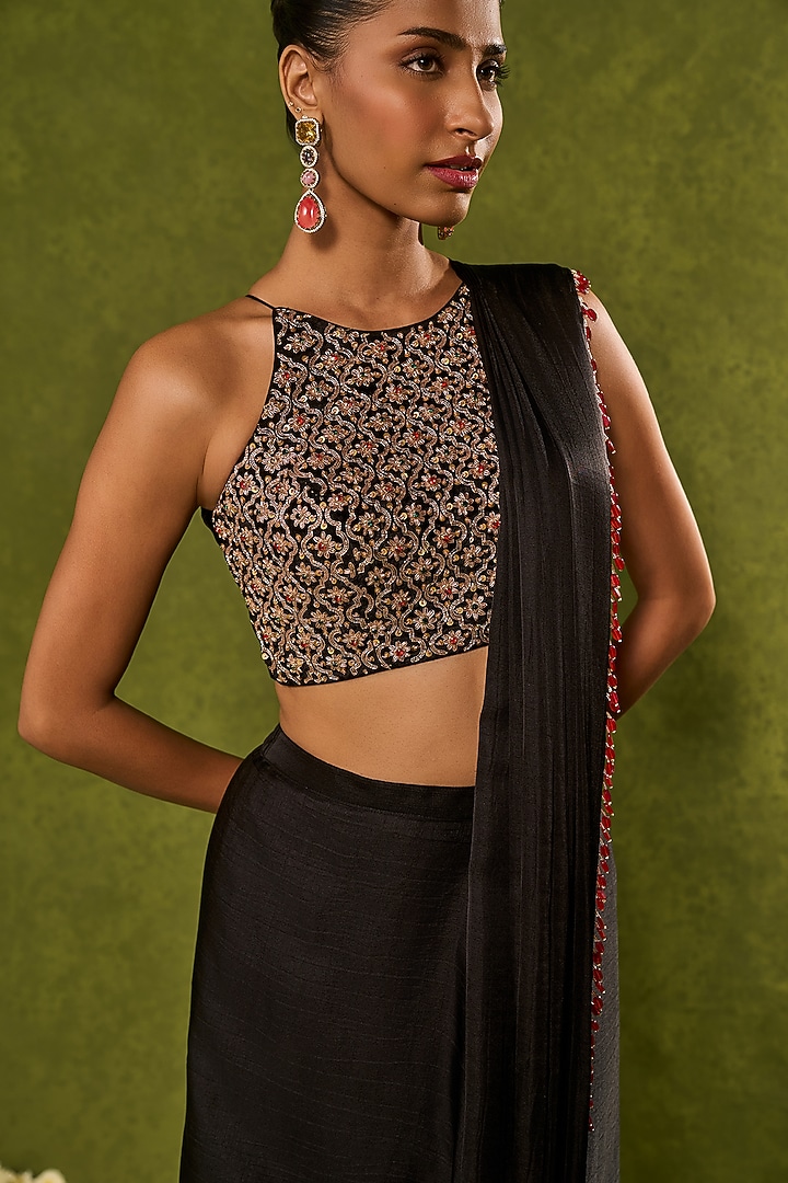 Black Soft Silk Dhoti Wedding Saree Set by Chamee and Palak at Pernia's Pop Up Shop