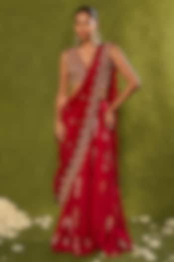 Red Jamewar & Raw Silk Draped Wedding Lehenga Saree Set by Chamee and Palak at Pernia's Pop Up Shop