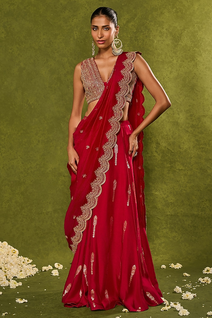 Red Jamewar & Raw Silk Draped Wedding Lehenga Saree Set by Chamee and Palak at Pernia's Pop Up Shop