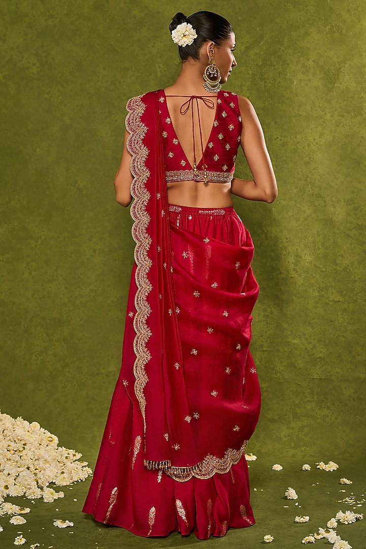 Red Jamewar & Raw Silk Draped Wedding Lehenga Saree Set by Chamee and Palak at Pernia's Pop Up Shop