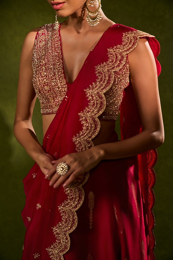 Red Jamewar & Raw Silk Draped Wedding Lehenga Saree Set by Chamee and Palak at Pernia's Pop Up Shop